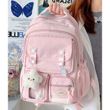 好奇猫韩版大容量多隔层书包女初中高中学生双肩包小学生四到六年级背包 粉色【带吊坠+徽章+星星挂件】