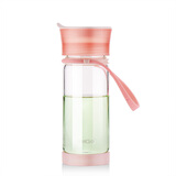 miGo玻璃杯防摔硅胶拎绳便携学生水杯子带盖储物茶杯 净粉380ml