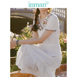 茵曼（INMAN）夏装新款纯棉绣花V领短袖绑带A摆连衣裙女【1882102457】 白色 M