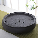 正扬紫砂茶盘托盘圆型手工小号功夫茶具套装办公茶台陶瓷干泡盘储水盘 10英寸紫砂双龙戏珠-黑色