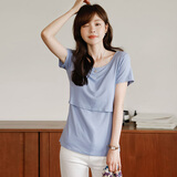 米度丽哺乳衣夏季薄款大码T恤产后喂奶衣长袖月子服夏季哺乳装背心上衣 短袖-蓝色【带胸垫】 L码