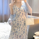 妃莉杋（FeiLiFan）碎花吊带连衣裙夏季女装2026年新款法式温柔风甜美收腰显瘦裙子女 9031蓝色外披+吊带裙子 M 【98-108斤】