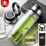 富光玻璃杯单双层加厚男大容量泡茶水杯子便携提手隔热杯套 提环单层加厚(钢内盖)800ml