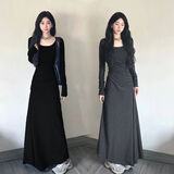 桃伊悠（taoyiyou）法式长袖灰色连衣裙女装收腰显瘦垂感长裙高级感过膝裙子秋冬内搭 黑色 S