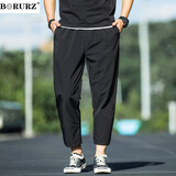 BORURZ 休闲裤男春夏季超薄宽松九分运动大码冰丝裤子 黑色(冰丝薄款) 3XL适合(190-210)斤