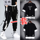 写璇男款短袖短裤夏天套装男生韩版全套衣服男土一套男潮流搭配工装裤 198工装裤+D06短袖黑 XL