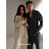 曼系 情侣睡衣春秋全棉日系宽松女家居服长袖开衫纯棉男款华夫格套装 C55252 单女 L