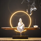 炼器 新中式紫砂创意佛像摆件 客厅玄关禅意倒流香装饰品工艺品 室内博古架办公桌面陶瓷摆设 玉瓷观音（配灯圈底座）