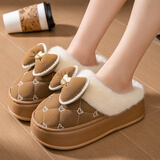 秋致夏厚底棉拖鞋女高跟家居韩版时尚蝴蝶结PU防水拖鞋冬季加厚保暖外穿 咖色 36-37 (225mm) 适合35-36码