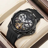 马克华菲（FAIRWHALE）手表机械表全自动镂空男士手表防水夜光男表瑞士品质腕表圣诞礼物 FW6030黑壳黑胶带款