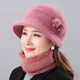 笙格儿 帽子女冬季中老年保暖兔毛帽老年人毛线帽围巾冬季送妈妈的生日礼物加绒针织帽 皮粉 单个帽子 均码