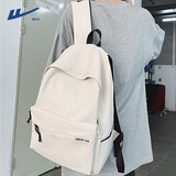 回力书包双肩包女大容量高中初中大学生帆布背包男休闲旅行包电脑包 米白色【带牛牛挂件】
