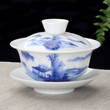 豹霖 陶瓷盖碗茶杯大号功夫茶具配件青花瓷三才敬茶碗茶备泡茶壶 薄胎盖碗-蓝山水-中号