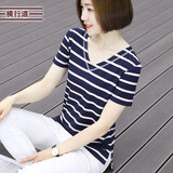 横行道夏装百搭2026韩范休闲宽松显瘦女装粗横条纹短袖t恤上衣服v领外穿 蓝大白小 L