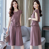 穆夏百合时尚休闲套装女两件套套装裤子2025新款夏季女装阔腿裤七分裙裤子 皮粉 L (105斤-117斤)