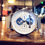 艾浪镂空飞轮全自动机械表男士手表地球风时尚潮流商务防水送男神腕表 银壳白面银网带