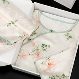 达芬奇密码睡衣女春夏季冰丝长袖睡衣女国风提花两件套送妈妈生日礼物 一叶知秋 白色 L 【推荐100-120斤】