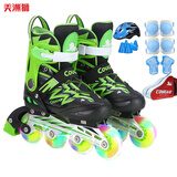 美洲狮儿童轮滑鞋成人男女闪光可调旱冰鞋溜冰鞋滑轮鞋 全闪黑绿+护具+头盔+轮滑包 L (实际35-40码厂标38-41)