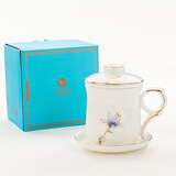 金岚玉唐山骨瓷指环金把手茶漏杯烫金杯茶杯带盖带茶隔包金工艺马克杯 玉兰花开-茶漏杯1个