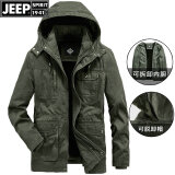 吉普（JEEP）棉衣男加厚中年冬季纯棉服中长款保暖外套可脱卸内胆棉袄男装大码 军-0076 L建议体重140斤左右