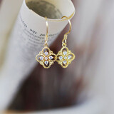 阿莉维妮s925银幸运四叶草镂空耳钉 复古镂空微镶锆钻女士时尚百搭银耳环 四叶草镂空耳钩-金色