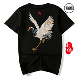 天龙致尊（Denon supreme）短袖t恤男装夏季中国风麒麟刺绣宽松纯棉情侣国潮上衣服男士T恤衫 858仙鹤黑色 L(建议115-140斤)