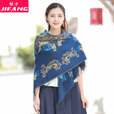 继方秋冬新款围巾女冬季加厚双面大方巾方形空调披肩两用民族风围脖 向阳花-藏青色