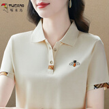 啄木鸟冰丝翻领短袖t恤女夏季2025新款时尚妈妈polo衫宽松显瘦上衣 米杏 XL (建议100-110斤)