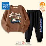 真维斯（Jeanswest）儿童套装秋冬新款中大童加绒保暖长裤男女童圆领卫衣加厚两件套潮 【加绒套装】咖黑色（动物蓝紫） 150