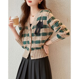 德玛纳春秋V领宽松简约线衫撞色条纹开衫纽扣针织衫女上衣 绿色 XL 