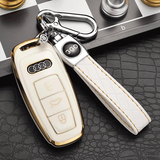 适用于奥迪新A6LA4LA7A8LA6Q8汽车钥匙包套 改装遥控器钥匙壳男女锁匙扣钥匙挂链车内饰品 【A款智能三键】象牙白+压纹皮双扣 汽车用品 功能小件