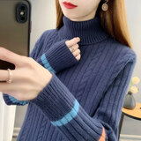 东方鸭羊毛衫高领拼接毛衣女秋冬加厚大尺码宽松套头内搭2023新款慵 藏青色-高品质濮院羊驼绒面 加厚 XL 建议125-135斤