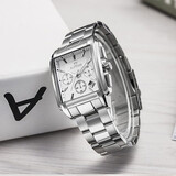 百陀士【多功能方形表】男款腕表石英机芯防水50米真皮表带男士手表 白面钢带