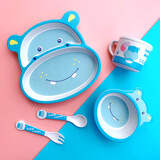 babybird新款儿童餐具套装5件套创意环保竹纤维竹粉宝宝分格餐盘小孩餐碗勺叉子卡通可爱婴儿辅食碗 蓝河马竹纤维餐具五件套