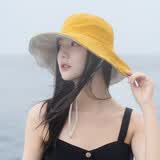 SOMUBAY 帽子女ins双面网红渔夫帽女韩版百搭日系小清新可爱chic潮防晒遮阳帽子春夏太阳帽 DYM-136(10CM)棉料双面 黄色+米白 M(56-58cm)
