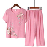 麦奕中老年套装女夏季棉麻短袖套装宽松休闲妈妈装上衣两件套七分裤 粉红色套装 XL(80-100斤左右）