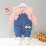 鸾雀翔一周岁女童牛仔背带裤新款儿童韩版春秋宝宝洋气套装春装女孩衣服 牛仔背带套装粉色 90码 建议 体重20-24斤