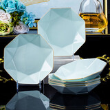 康琴(KANGQIN)北欧轻奢简约钻石盘新款家用创意网红盘陶瓷餐具组合 【描金】影青8英寸八角盘6个装