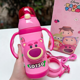 品家家品（PINKAH）儿童保温杯304不锈钢吸管杯手柄背带两用幼儿园宝宝防漏喝水杯 380ml 3596 3D草莓熊-手柄背带