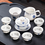 瓷牌茗 玲珑功夫茶具套装白瓷泡茶壶茶杯整套家用茶盘小茶台礼盒装 《向阳花》盖碗10件套