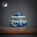 来尊景德镇仿古手绘茶叶罐青花千里江山中式陶瓷普洱茶盒茶罐茶道配件 老陶泥茶叶罐【千里江山】简装
