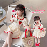 小咕嘟熊童装女童套装夏装儿童套装POLOT恤裤裙两件套运动休闲女孩服装 米色 100