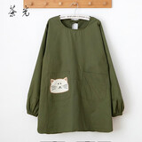 茶光（CHAGUANG）日系家用做饭围裙厨房反穿罩衣防污长袖大人男女 绿色猫咪长袖罩衣
