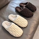 远港2025新款高级感防水棉拖鞋女pu皮秋冬季保暖加绒居家用室内男冬天 霜白色 36-37 (适合35-36脚)