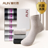 AUN爱优恩防臭袜子女士纯色棉袜休闲袜深色杏白色日系条纹秋冬中筒 2深灰2浅灰2米黄= 6双 均码（34-39码）