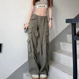 兰威费雷美式复古嘻哈宽松多口袋裤女腰带工装风工装裤SN618050966 灰绿色 M