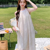 多菲尼森 绝美挂脖露肩连衣裙女夏季度假风减龄中长蕾丝钩花背心裙 杏色 L