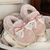 细细条（XIXITIAO）秋冬季情侣休闲毛绒家居鞋甜美蝴蝶结保暖复古棉拖鞋男女 粉色全包款【绸带蕾丝蝴蝶结】 38-39 【标准码】