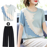 啄木鸟（TUCANO）2024新款妈妈夏装短袖T恤中年女装冰丝上衣服中老年夏季洋气套装 蓝色套装(上衣+黑色阔腿裤) 2XL （建议120-140斤左右）