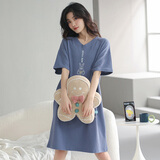 迪莉雅 睡裙女夏季短袖纯棉薄款休闲宽松圆领睡衣连衣裙夏天家居服吊带 86120 L （建议100-120斤）